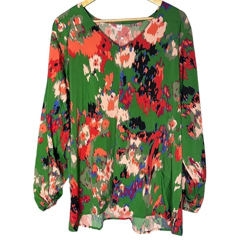 Women's 2XL Abstract Floral Long Sleeve Blouse Green Lightweight Casual Work New